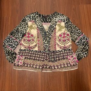 Marchesa Voyage women’s silk long sleeve leopard floral blouse size 4